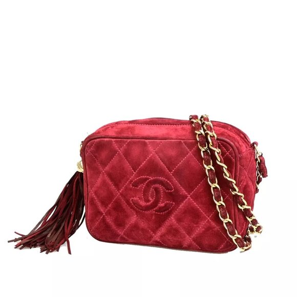 CHANEL CC Matelasse Tassel Mini Chain Shoulder Bag Suede Leather Red 638FA087 - Picture 1 of 16